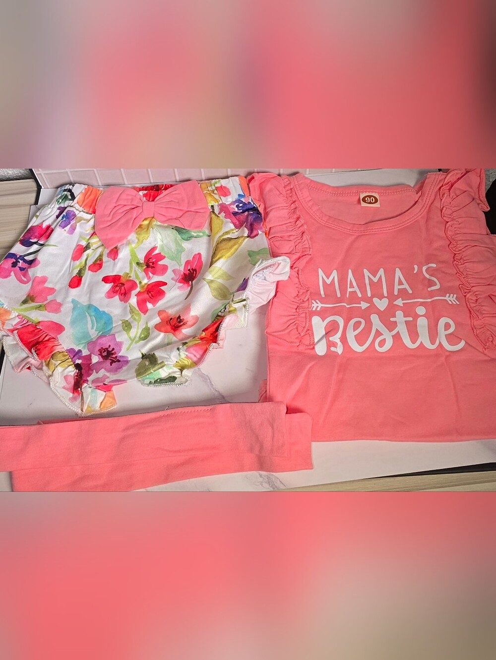 Kids Coral 'Mama's Bestie' Pajama Set with Floral Shorts